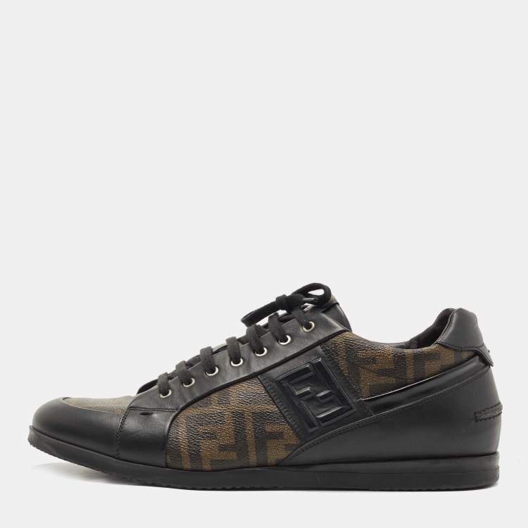 Pre Owned Fendi Brown/Black Zucca Canvas and Leather Low Top Sneakers Size 46