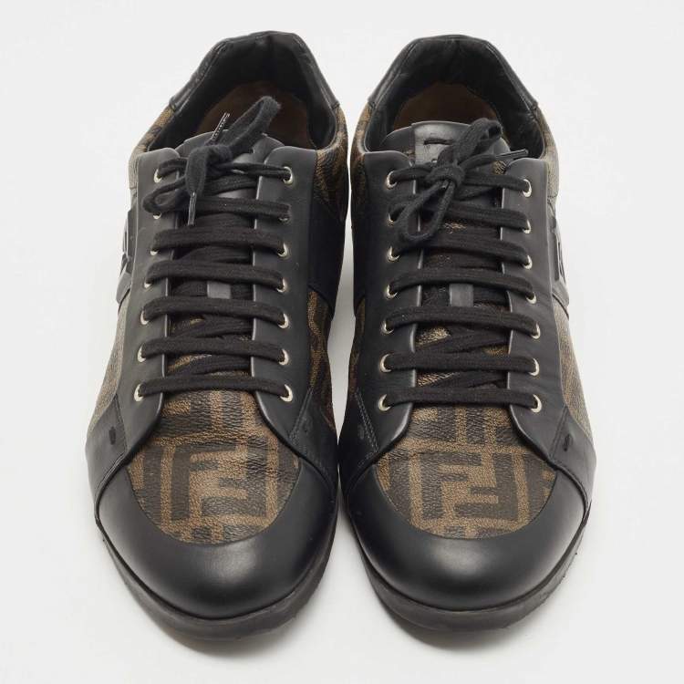 Pre Owned Fendi Brown/Black Zucca Canvas and Leather Low Top Sneakers Size 46