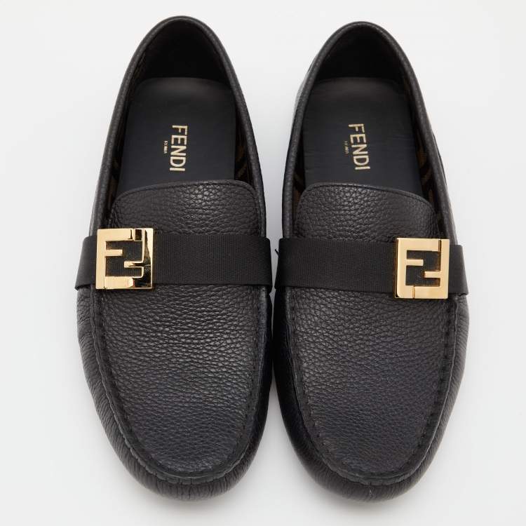 Pre Owned Fendi Black Leather FF Logo Slip On Loafers Size 40