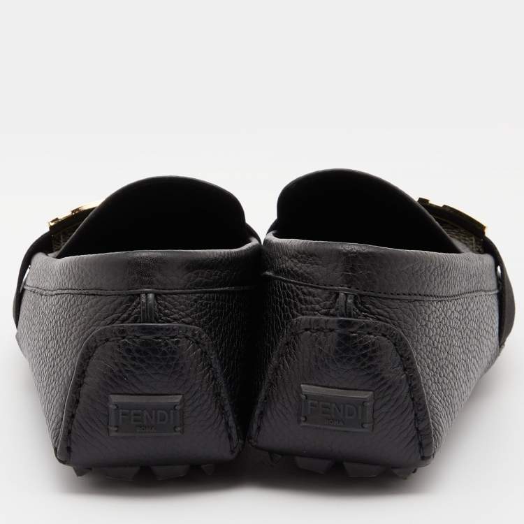 Pre Owned Fendi Black Leather FF Logo Slip On Loafers Size 40