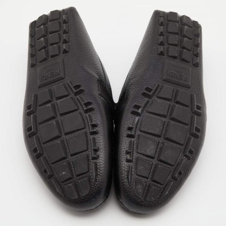 Pre Owned Fendi Black Leather FF Logo Slip On Loafers Size 40
