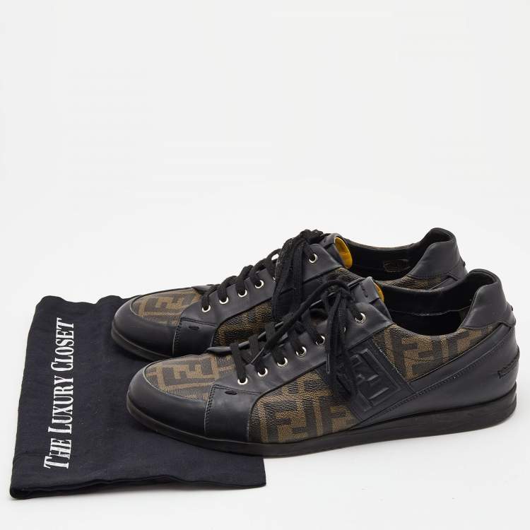 Pre Owned Fendi Brown/Black Zucca Canvas and Leather Low Top Sneakers Size 45