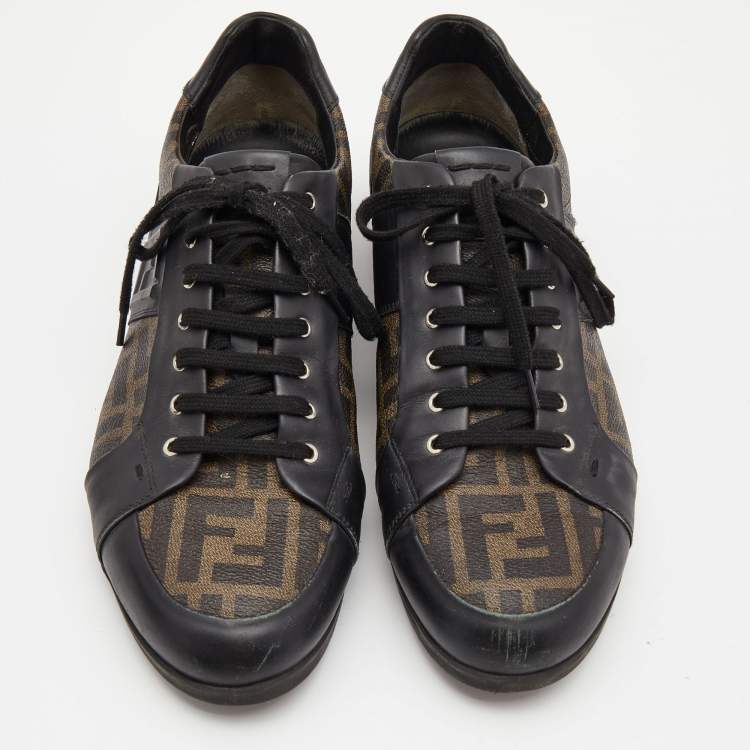 Pre Owned Fendi Brown/Black Zucca Canvas and Leather Low Top Sneakers Size 45