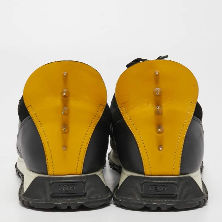 Pre Owned Fendi Black/Yellow Leather Monster Eyes Studded Low Top Sneakers Size 45