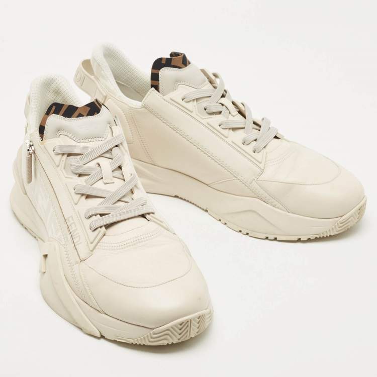 Pre Owned Fendi Tow Tone Leather and Zucca Canvas Flow Sneakers Size 45