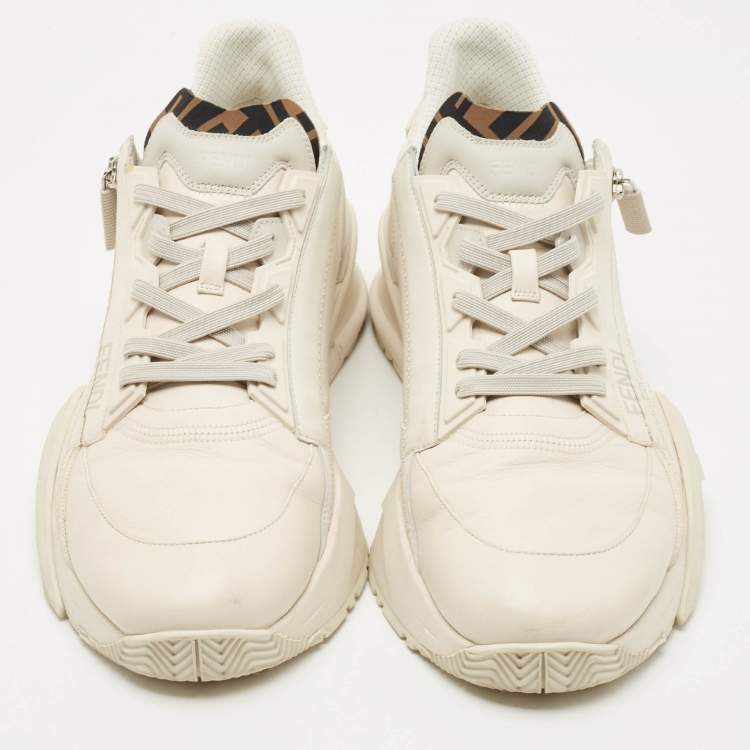 Pre Owned Fendi Tow Tone Leather and Zucca Canvas Flow Sneakers Size 45