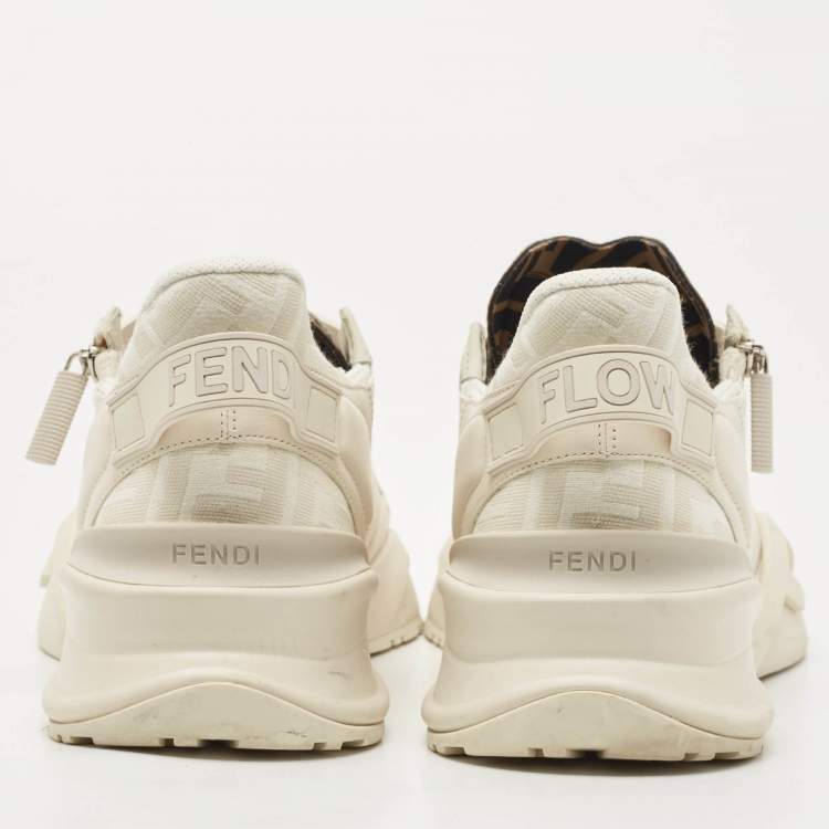 Pre Owned Fendi Tow Tone Leather and Zucca Canvas Flow Sneakers Size 45