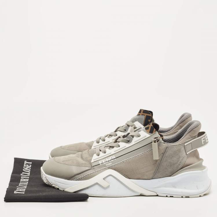 Pre Owned Fendi Grey Leather and Zucca Canvas Flow Sneakers Size 45