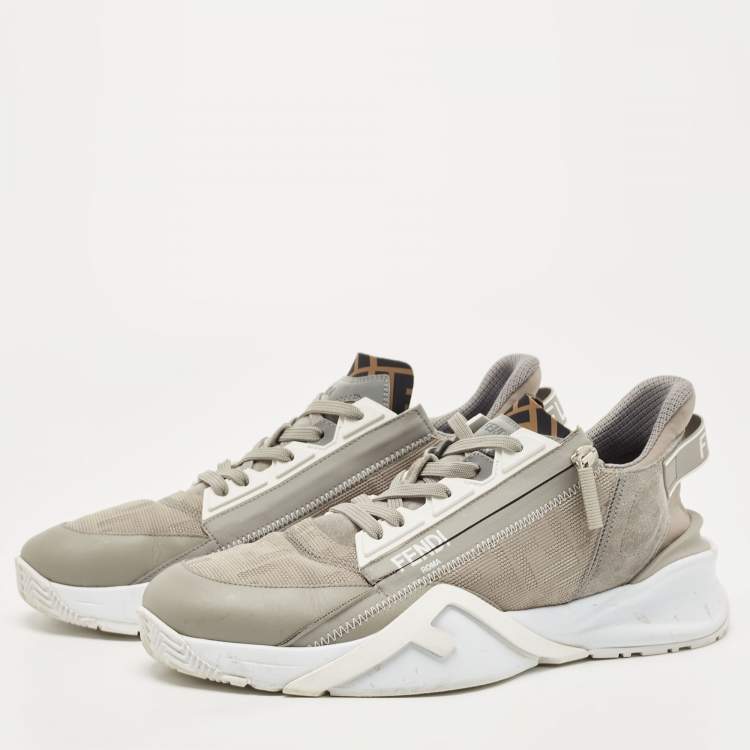 Pre Owned Fendi Grey Leather and Zucca Canvas Flow Sneakers Size 45