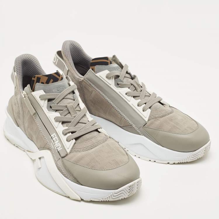 Pre Owned Fendi Grey Leather and Zucca Canvas Flow Sneakers Size 45