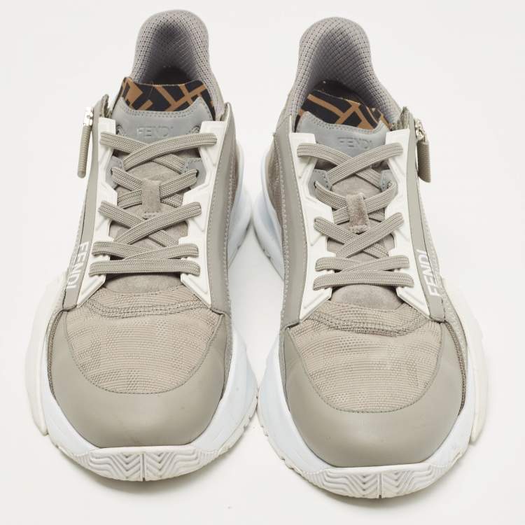 Pre Owned Fendi Grey Leather and Zucca Canvas Flow Sneakers Size 45