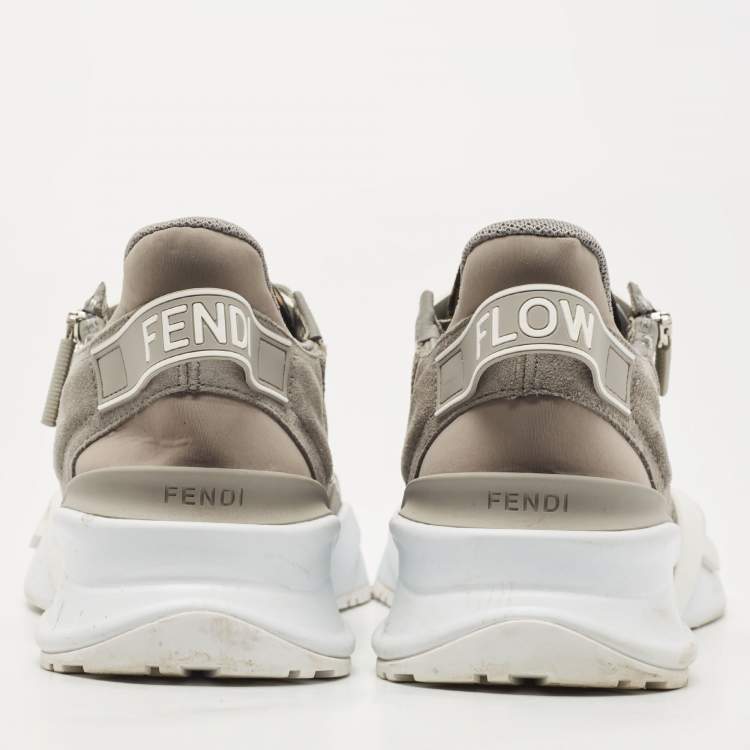 Pre Owned Fendi Grey Leather and Zucca Canvas Flow Sneakers Size 45