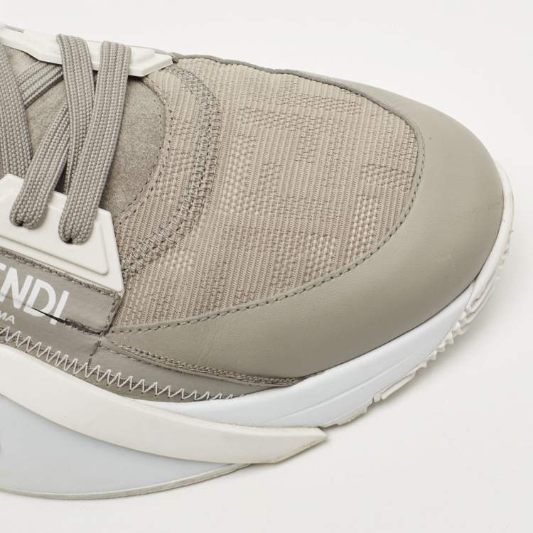 Pre Owned Fendi Grey Leather and Zucca Canvas Flow Sneakers Size 45