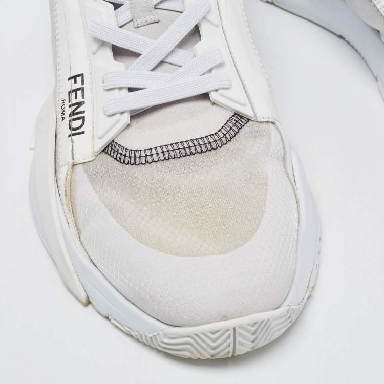 Pre Owned Fendi White/Grey Mesh and Suede Flow Sneakers Size 45
