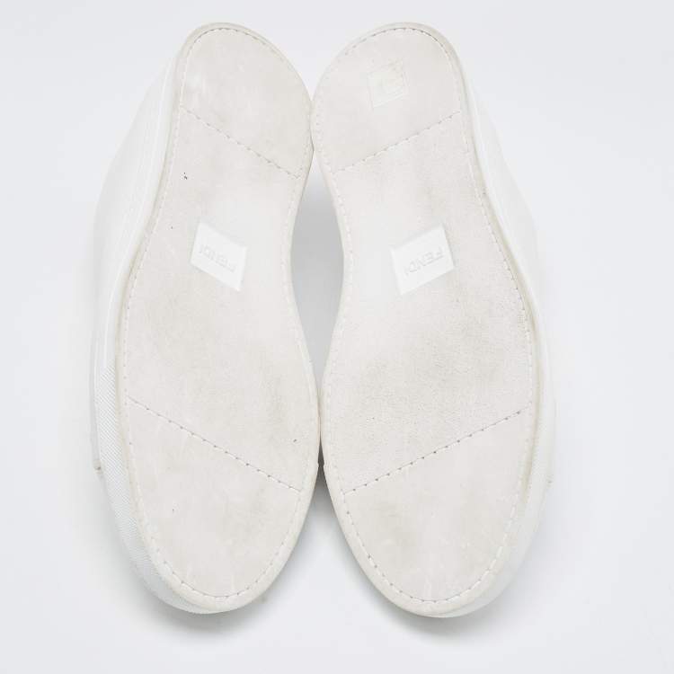 Pre Owned Fendi White/Brown Leather and Zucca Elastic Band Slip On Sneakers Size 45