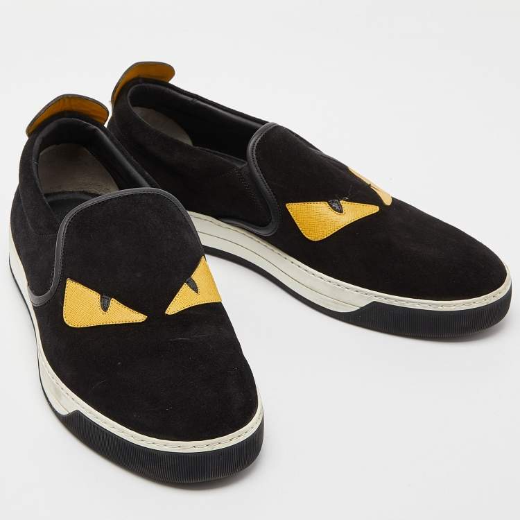 Pre Owned Fendi Black/Yellow Suede and Leather Monster Eyes Slip On Sneakers Size 44