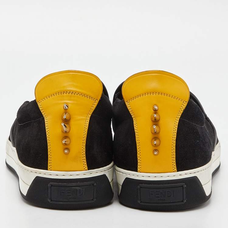 Pre Owned Fendi Black/Yellow Suede and Leather Monster Eyes Slip On Sneakers Size 44