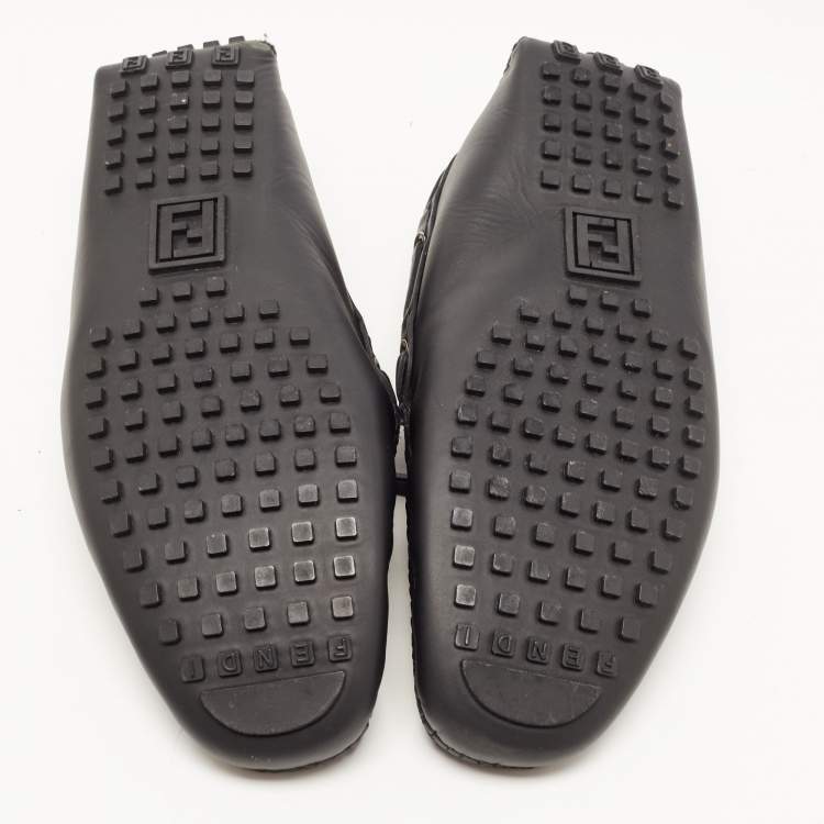 Pre Owned Fendi Black/Brown Leather and Zucca Canvas Bow Loafers Size 44