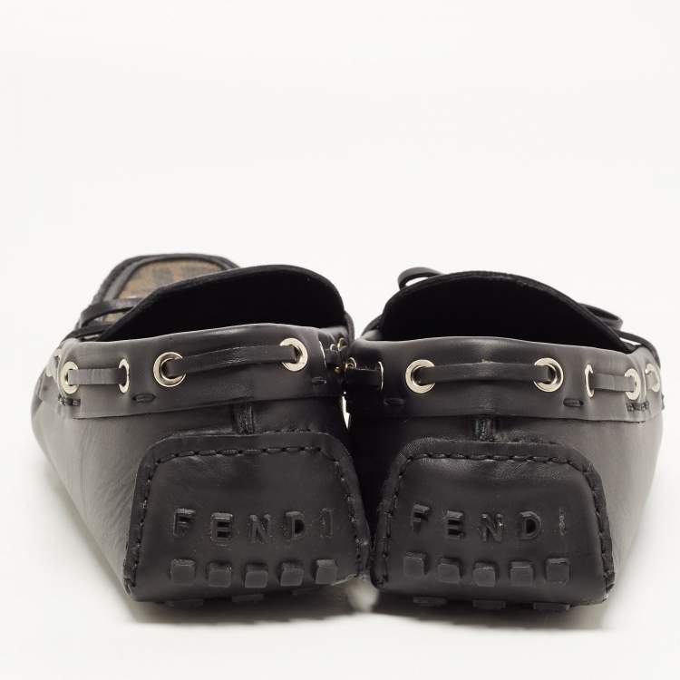 Pre Owned Fendi Black/Brown Leather and Zucca Canvas Bow Loafers Size 44
