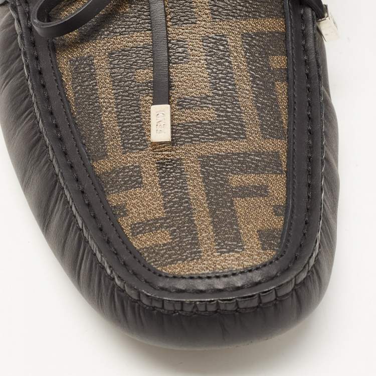Pre Owned Fendi Black/Brown Leather and Zucca Canvas Bow Loafers Size 44