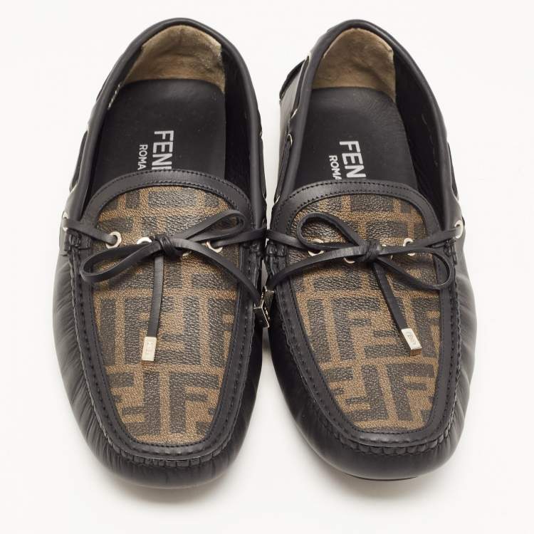 Pre Owned Fendi Black/Brown Leather and Zucca Canvas Bow Loafers Size 44