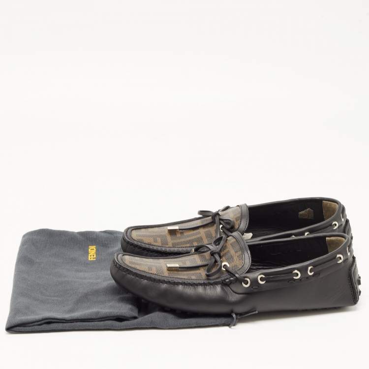 Pre Owned Fendi Black/Brown Leather and Zucca Canvas Bow Loafers Size 44