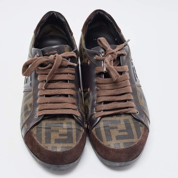 Pre Owned Fendi Brown Zucca Canvas and Leather Low Top Sneakers Size 40