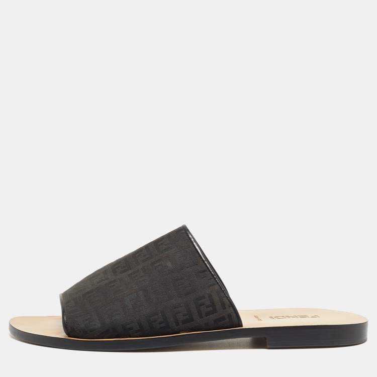Pre Owned Fendi Black Zucca Canvas Slides Size 44.5 