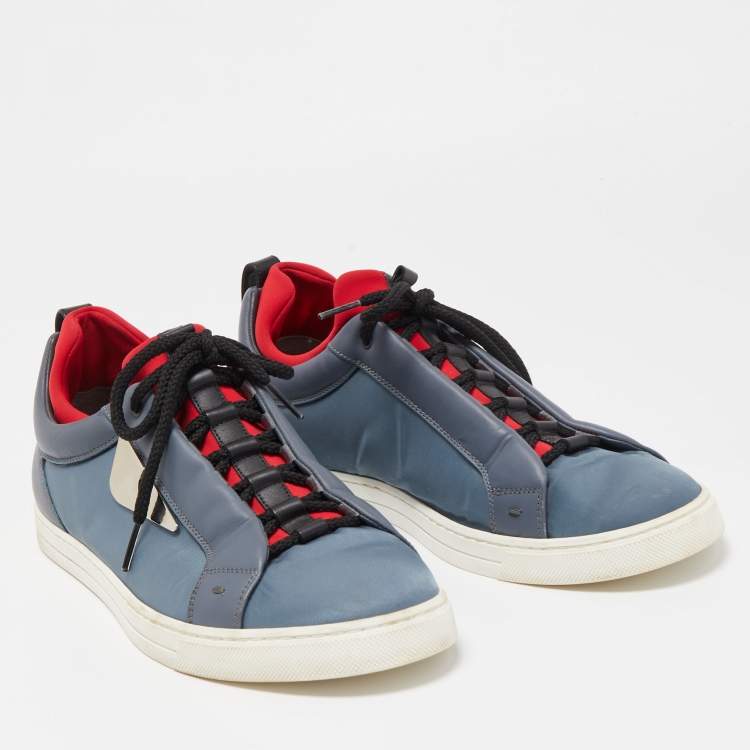 Pre Owned Fendi Grey Leather and Nylon Monster Eye Sneakers Size 43