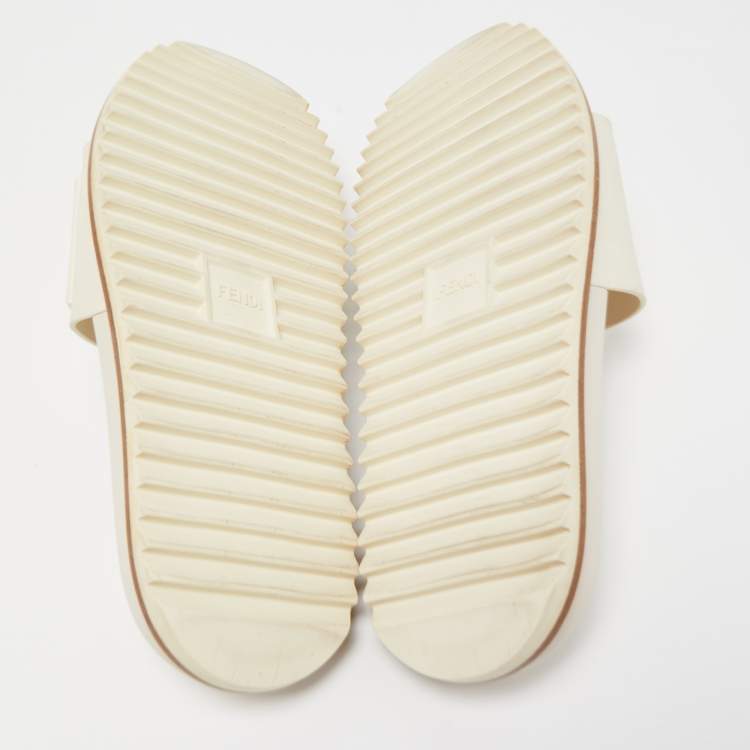 Pre Owned Fendi Cream Rubber Embossed Logo Slides Size 45