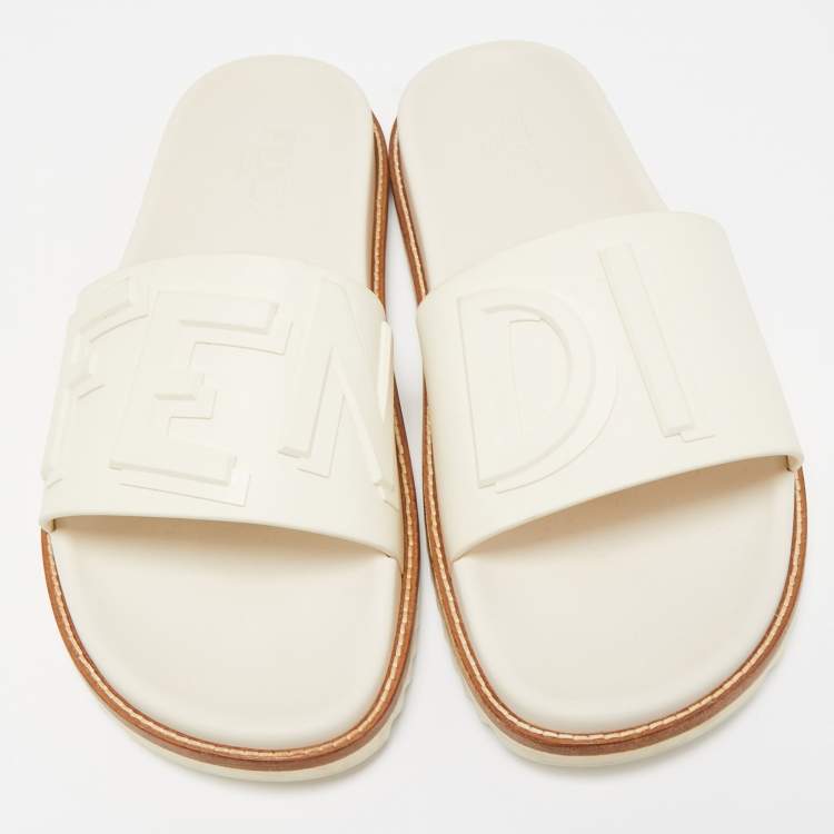 Pre Owned Fendi Cream Rubber Embossed Logo Slides Size 45