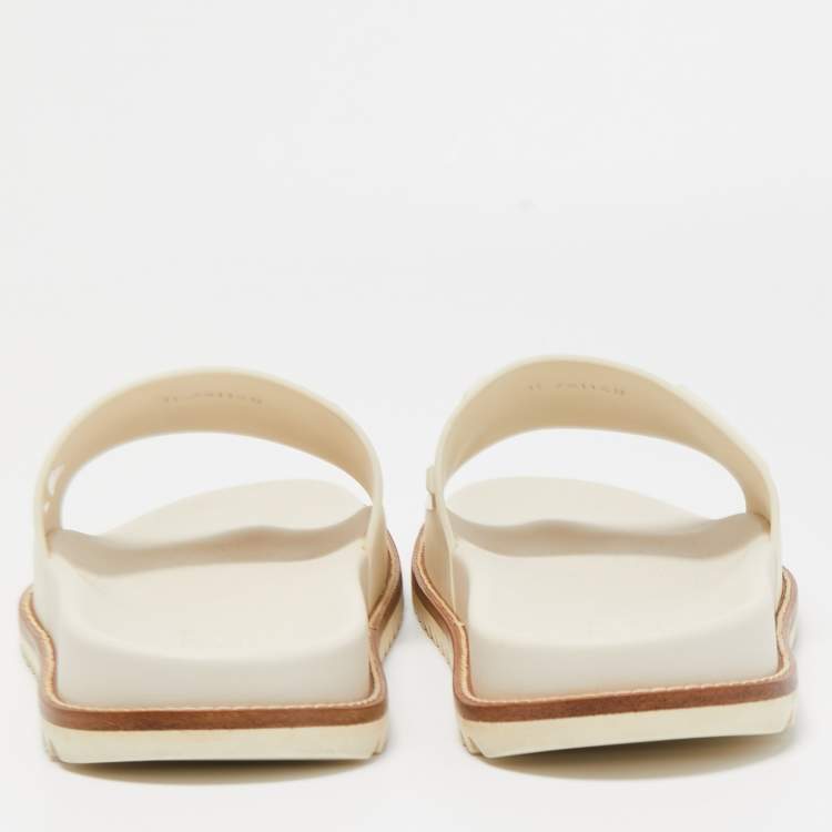 Pre Owned Fendi Cream Rubber Embossed Logo Slides Size 45