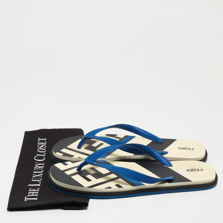 Pre Owned Fendi Blue Rubber Printed Thong Flats Size 46