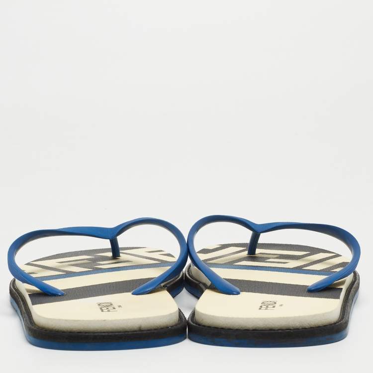 Pre Owned Fendi Blue Rubber Printed Thong Flats Size 46