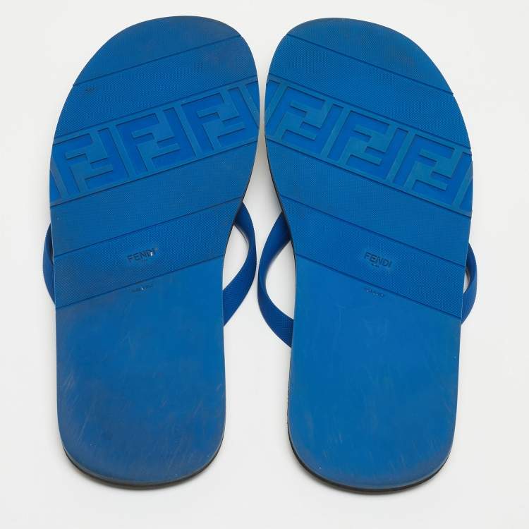 Pre Owned Fendi Blue Rubber Printed Thong Flats Size 46