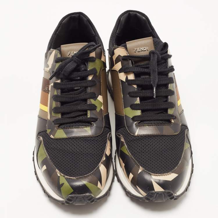 Pre Owned Fendi Black Mesh and Camouflage Leather Low Top Sneakers Size 42