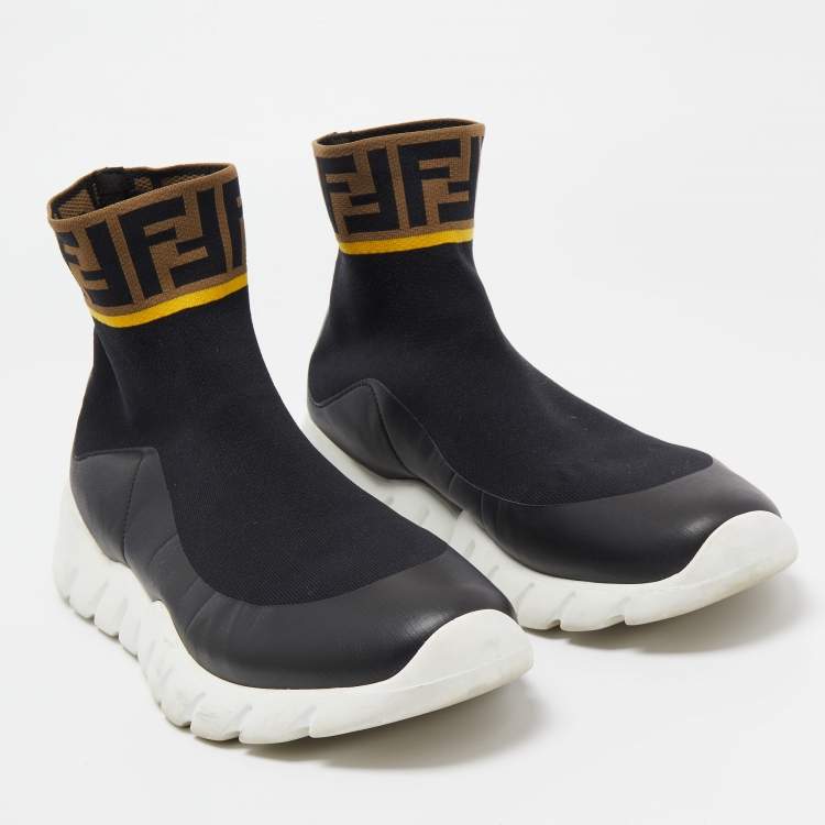 Pre Owned Fendi Brown/Black Knit Fabric FF Sock High Top Sneakers Size 43