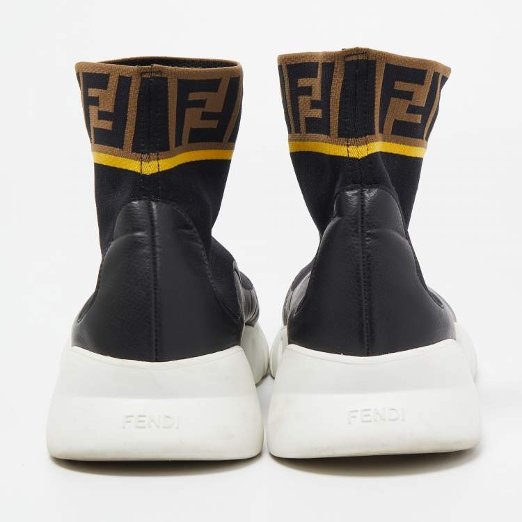 Pre Owned Fendi Brown/Black Knit Fabric FF Sock High Top Sneakers Size 43