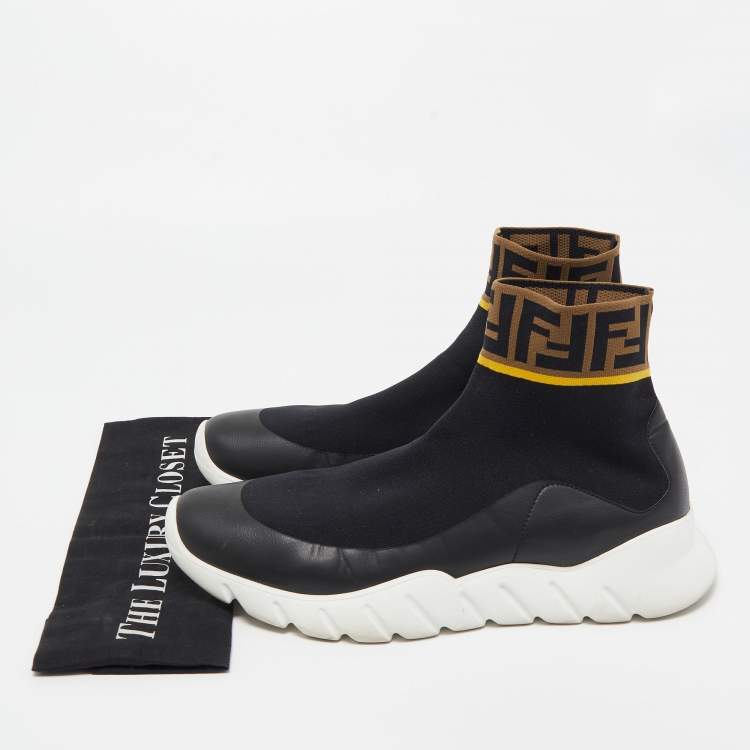 Pre Owned Fendi Brown/Black Knit Fabric FF Sock High Top Sneakers Size 43