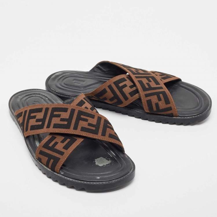 مملوكة مسبقًا Fendi Brown Zucca Canvas Crisscross Slide Sandals Size 42