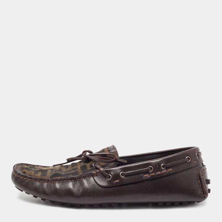 Pre Owned Fendi Brown Zucca Canvas and Leather Bow Loafers Size 40