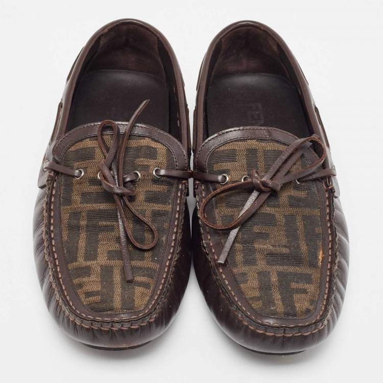 Pre Owned Fendi Brown Zucca Canvas and Leather Bow Loafers Size 40