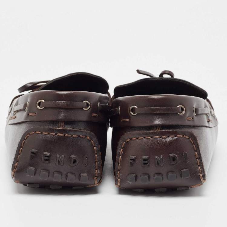 Pre Owned Fendi Brown Zucca Canvas and Leather Bow Loafers Size 40
