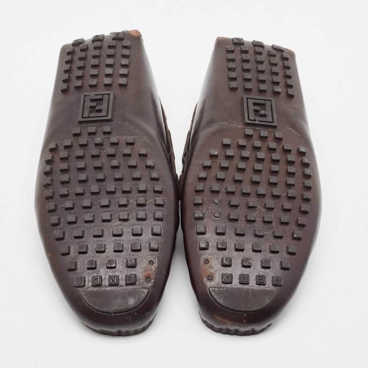 Pre Owned Fendi Brown Zucca Canvas and Leather Bow Loafers Size 40