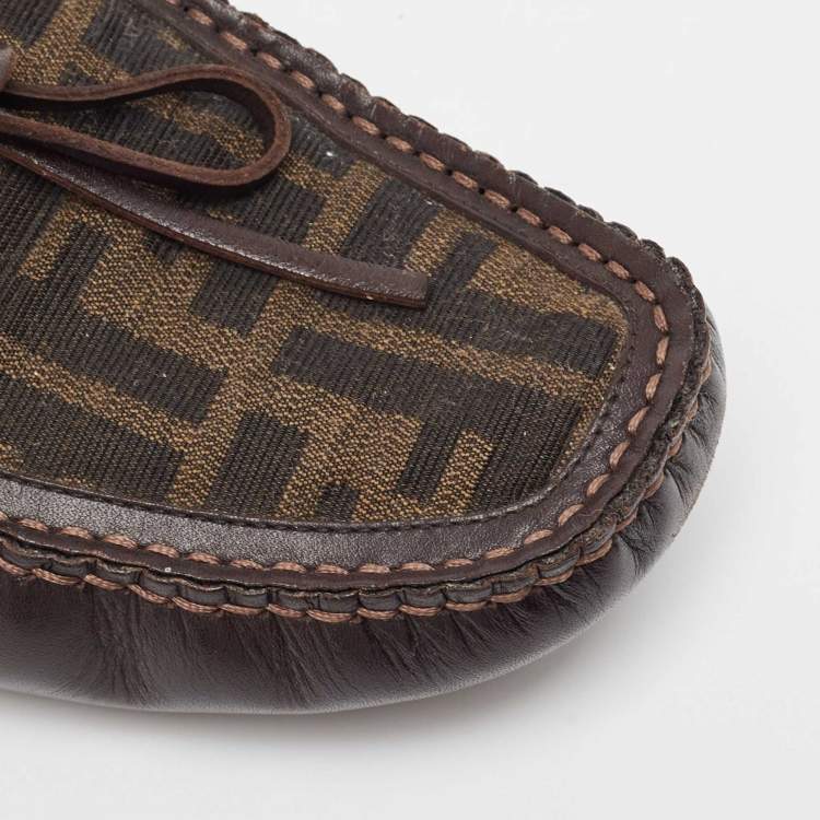 Pre Owned Fendi Brown Zucca Canvas and Leather Bow Loafers Size 40