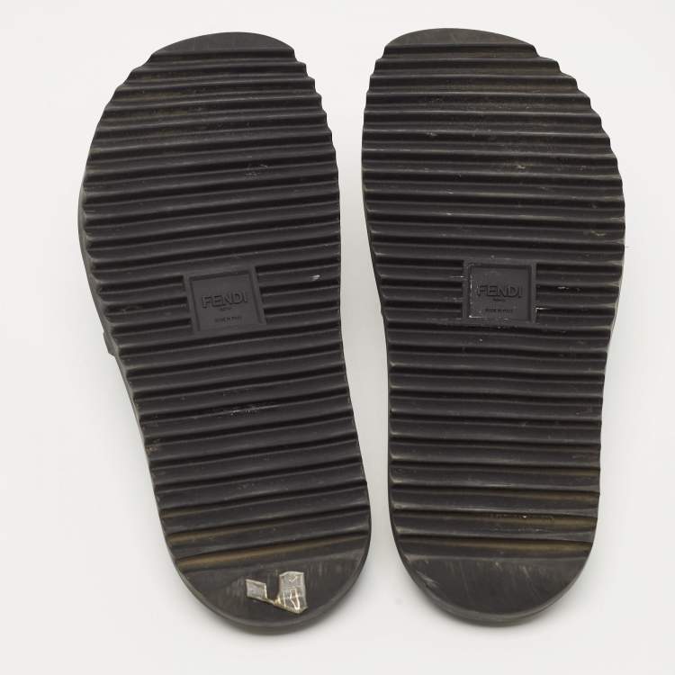 Pre Owned Fendi Black Rubber Embossed FF Logo Slides Size 46