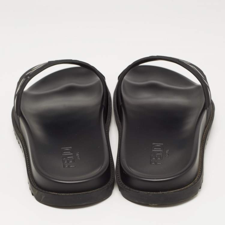 Pre Owned Fendi Black Rubber Embossed FF Logo Slides Size 46