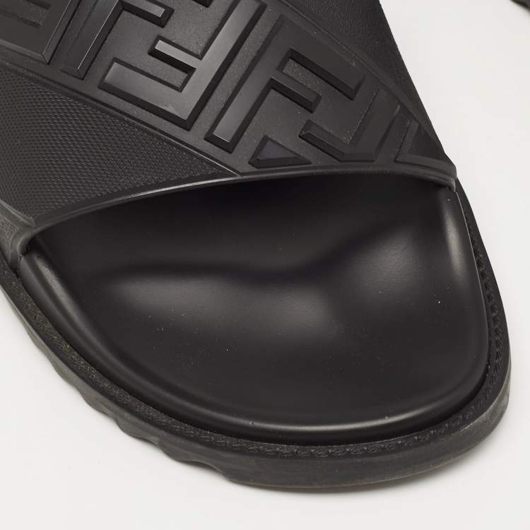 Pre Owned Fendi Black Rubber Embossed FF Logo Slides Size 46