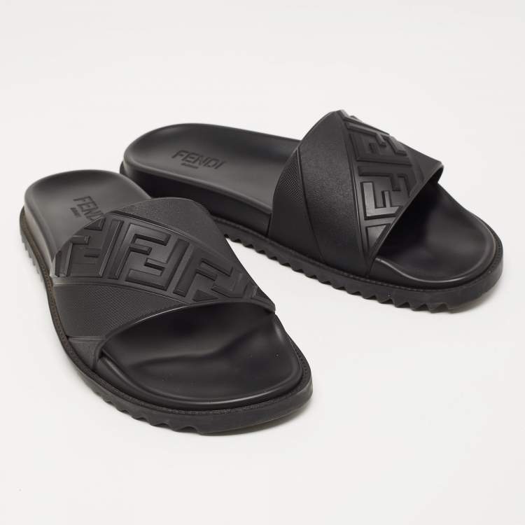 Pre Owned Fendi Black Rubber Embossed FF Logo Slides Size 46