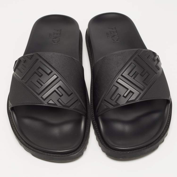 Pre Owned Fendi Black Rubber Embossed FF Logo Slides Size 46